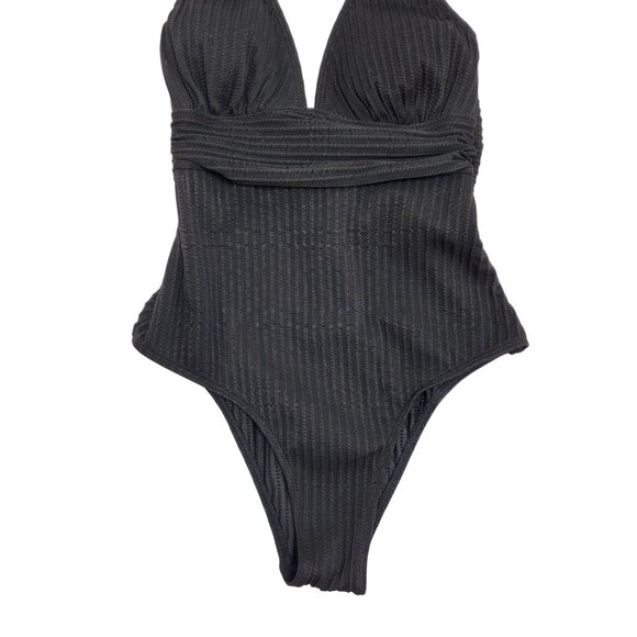 Black Ribbed One-Piece Swimsuit  Plunge Neckline Waist Detail Cupshe  Size S - Picture 5 of 9